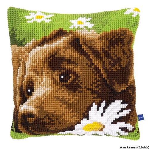 VERVACO Kreuzstich Stickpackungen Kissen Stickerei Set Anfänger Vorgedruckt Brauner Labrador DIY Set Kreativ Set Für Erwachsene Dekoratives Kissen ca. 40 x 40 cm Bastelset Handwerker Haus Dekoration von Vervaco