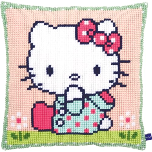 Vervaco Wiese Kreuzstichkissen/Stickkissen vorgedruckt, Baumwolle, Hello Kitty: On The Lawn, 40 x 40cm von Vervaco