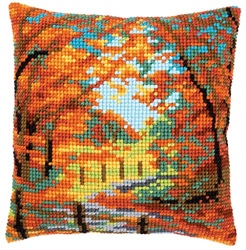 Vervaco Kreuzstich Stickpackungen Kissen Stickerei Set Anfänger Vorgedruckt Herbstlandschaft DIY Set Kreativ Set Für Erwachsene Dekoratives Kissen ca. 40 x 40 cm Bastelset Handwerker Haus Dekoration von Vervaco
