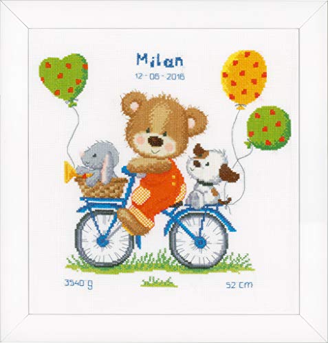 VERVACO Gezählter Kreuzstich Stickpackungen Stickset Baby Geburt Fahrrad mit Bärchen Wanddekoration Handarbeit Set für Erwachsene Kreatives Handwerk ca. 27 x 29 cm Geburt Geschenk Hausdeko von Vervaco