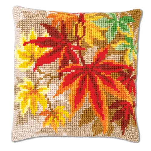 Vervaco Kreuzstich Stickpackungen Kissen Stickerei Set Anfänger Vorgedruckt Herbstblätter DIY Set Kreativ Set Für Erwachsene Dekoratives Kissen ca. 40 x 40 cm Bastelset Handwerker Haus Dekoration von Vervaco