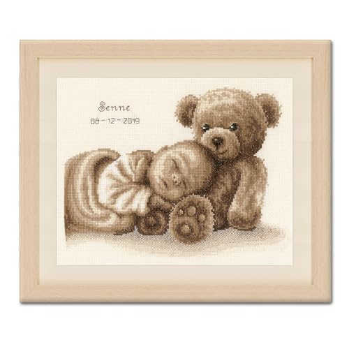 Vervaco Gezählter Kreuzstich Stickpackungen Stickset Baby Geburt Baby & Bär Wanddekoration Handarbeit Set für Erwachsene Kreatives Handwerk ca. 28 x 22 cm Geburt Geschenk Hausdeko von Vervaco