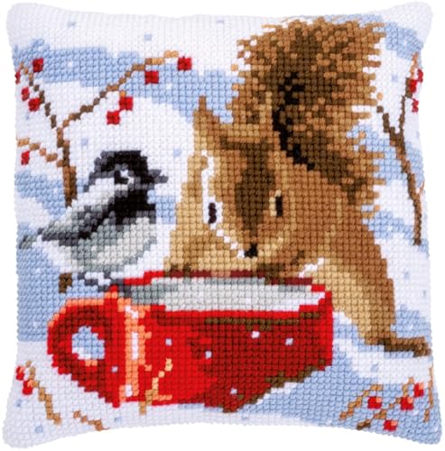 Vervaco Kreuzstich Stickpackungen Kissen Stickerei Set Anfänger Vorgedruckt Eichhörnchen & Meise DIY Set Kreativ Set Für Erwachseneca. 40 x 40 cm Bastelset Handwerker Haus Dekoration von Vervaco
