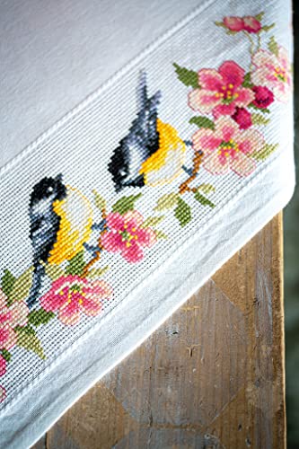 Vervaco Stickpackung Tischdecke Zählmusterpackung Kreuzstich 2 Kohlmeisen in Blumen Stickdecken zum Selbersticken Stickset Weihnachten Kreativ Set für Erwachsene 80 x 80 cm Kreatives Geschenk von Vervaco