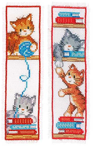 Vervaco Lesezeichen Kreuzstich Stickpackungen Gezählter Kreuzstich Verspielte Kätzchen 2er DIY Set Erwachsene Sticken Lesen Zubehör Geschenk Zählmusterpackung ca. 6 x 20 cm Stickset für Anfänger von Vervaco