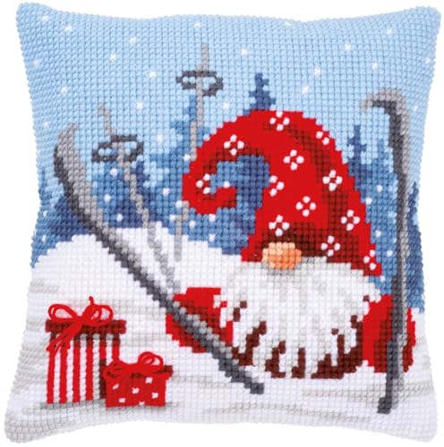 Vervaco Kreuzstich Stickpackungen Kissen Stickerei Set Anfänger Vorgedruckt Weihnachtsgnom auf Ski DIY Set Kreativ Set Für Erwachseneca. 40 x 40 cm Bastelset Handwerker Haus Dekoration von Vervaco