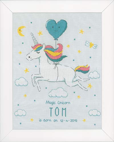 Vervaco Gezählter Kreuzstich Stickpackungen Stickset Baby Geburt Einhorn Wanddekoration Handarbeit Set für Erwachsene Kreatives Handwerk ca. 26 x 33 cm Geburt Geschenk Hausdeko von Vervaco