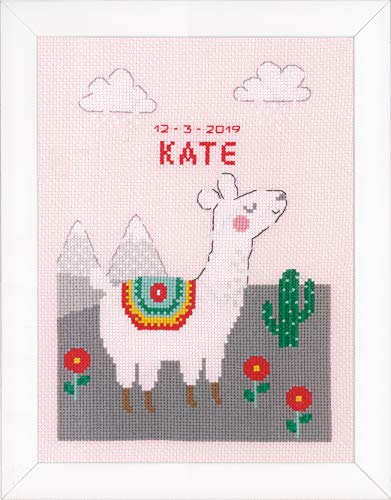 Vervaco Gezählter Kreuzstich Stickpackungen Stickset Baby Geburt Lama Wanddekoration Handarbeit Set für Erwachsene Kreatives Handwerk ca. 18 x 24 cm Geburt Geschenk Hausdeko von Vervaco