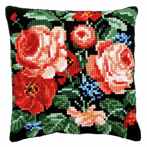 Vervaco Kreuzstich Stickpackungen Kissen Stickerei Set Anfänger Vorgedruckt Rosen DIY Set Kreativ Set Für Erwachsene Dekoratives Kissen ca. 40 x 40 cm Bastelset Handwerker Haus Dekoration von Vervaco