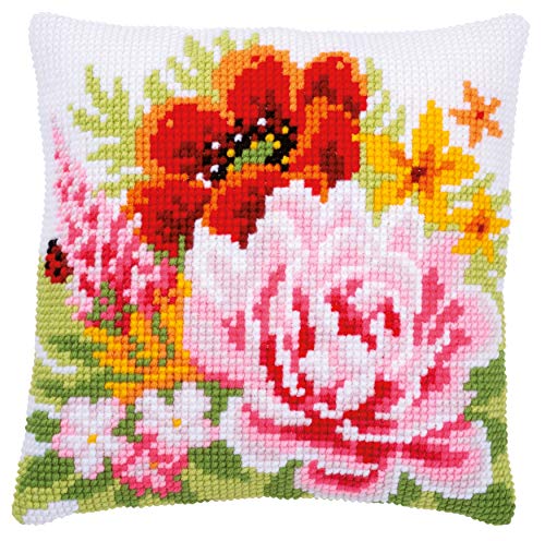 Vervaco Kreuzstich Stickpackungen Kissen Stickerei Set Anfänger Vorgedruckt Blumen DIY Set Kreativ Set Für Erwachsene Dekoratives Kissen ca. 40 x 40 cm Bastelset Handwerker Haus Dekoration von Vervaco