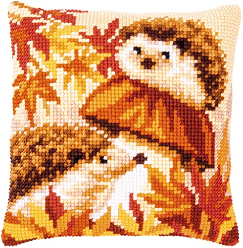 Vervaco Kreuzstich Stickpackungen Kissen Stickerei Set Anfänger Vorgedruckt Igel auf Pilz DIY Set Kreativ Set Für Erwachsene Dekoratives Kissen ca. 40 x 40 cm Bastelset Handwerker Haus Dekoration von Vervaco