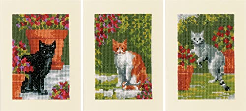 Vervaco PN-0188672 Grußkarten Kreuzstich Set Zählmuster, Baumwolle, Cats Between Flowers (14 Count), OSFA, 3 Anzahl von Vervaco