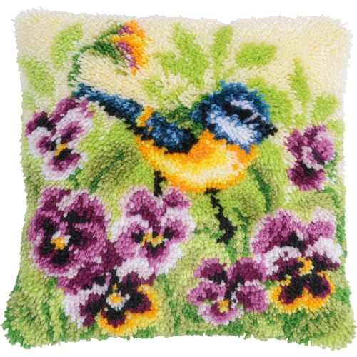 VERVACO Knüpfkissen Set Deko Kissenbezug Knüpfset für Anfänger BLAUMEISE Basteln Erwachsene Kreativ DIY Handarbeit Kissen zum Selber Knüpfe 40 x 40 cm Latch Hook Kit Knüpfhaken Set Kissen von Vervaco