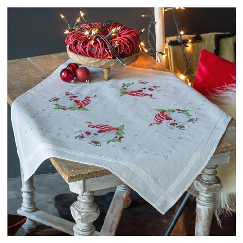 Vervaco PN-0198673 Tischdecken-Set, Weihnachtszwerge, weiß, ca. 80 x 80 cm von Vervaco