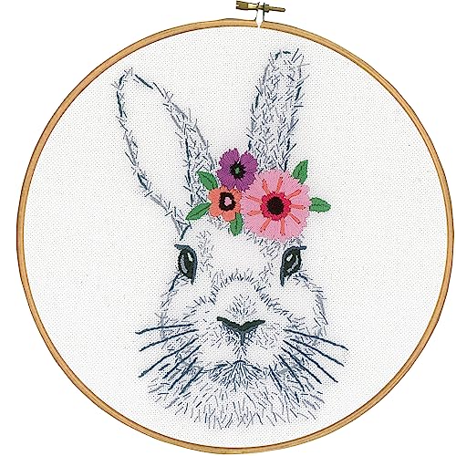 Vervaco Plattstich Set Kaninchen mit Blumen Stickbild gedruckt von Vervaco