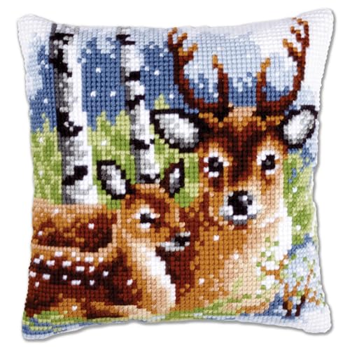 VERVACO Kreuzstich Stickpackungen Kissen Stickerei Set Anfänger Vorgedruckt Rehe DIY Set Kreativ Set Für Erwachsene Dekoratives Kissen ca. 40 x 40 cm Bastelset Handwerker Haus Dekoration von Vervaco