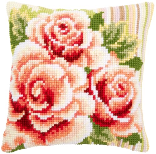 VERVACO Kreuzstich Stickpackungen Kissen Stickerei Set Anfänger Vorgedruckt Rosa Rosen I DIY Set Kreativ Set Für Erwachsene Dekoratives Kissen ca. 40 x 40 cm Bastelset Handwerker Haus Dekoration von Vervaco