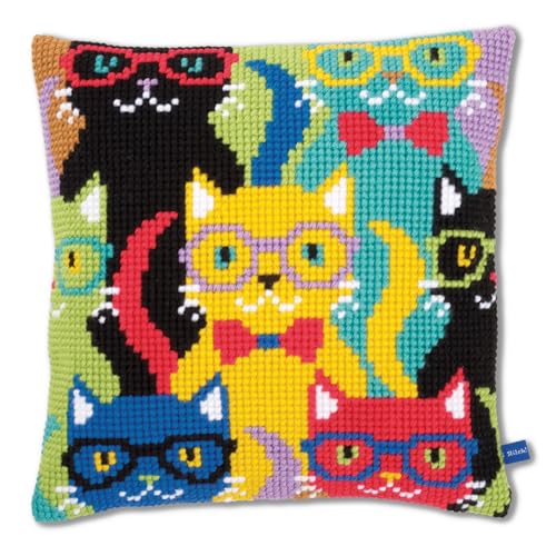 Vervaco Kreuzstich Stickpackungen Kissen Stickerei Set Anfänger Vorgedruckt Lutige Katzen DIY Set Kreativ Set Für Erwachsene Dekoratives Kissen ca. 40 x 40 cm Bastelset Handwerker Haus Dekoration von Vervaco