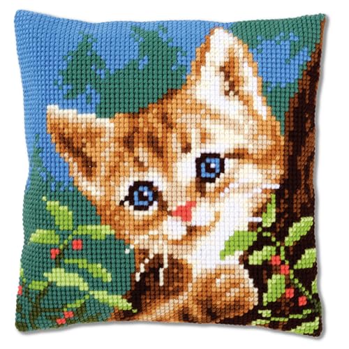 Vervaco Kreuzstich Stickpackungen Kissen Stickerei Set Anfänger Vorgedruckt Katze DIY Set Kreativ Set Für Erwachsene Dekoratives Kissen ca. 40 x 40 cm Bastelset Handwerker Haus Dekoration von Vervaco