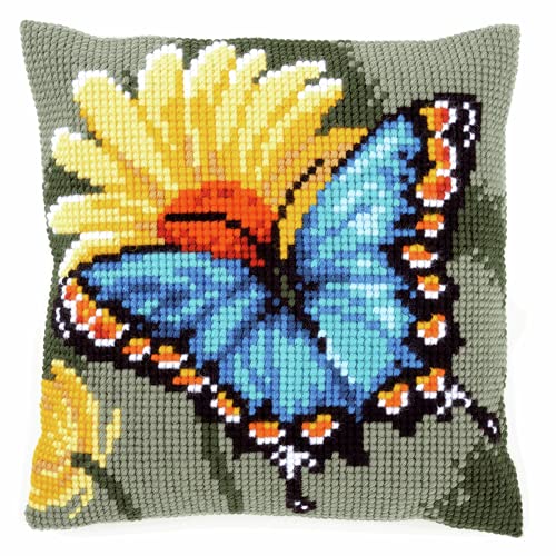 Vervaco Kreuzstich Stickpackungen Kissen Stickerei Set Anfänger Vorgedruckt Schmetterling DIY Set Kreativ Set Für Erwachsene Dekoratives Kissen ca. 40 x 40 cm Bastelset Handwerker Haus Dekoration von Vervaco