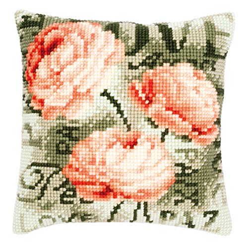 VERVACO Kreuzstich Stickpackungen Kissen Stickerei Set Anfänger Vorgedruckt Pfingstrosen DIY Set Kreativ Set Für Erwachsene Dekoratives Kissen ca. 40 x 40 cm Bastelset Handwerker Haus Dekoration von Vervaco