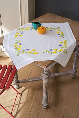 Vervaco Tischdecke Frühlingsblumen, Stickbild vorgezeichnet Bedruckte Decke mit Webrand, Baumwolle, Mehrfarbig, 80 x 80 x 0,3 cm von Vervaco