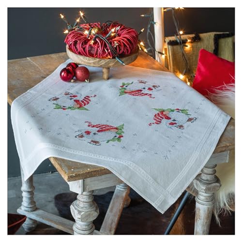Vervaco Kreuzstich Stickpackungen Tischdecke Weihnachtsgnome Stickdecken Vorgezeichnet Basteln Erwachsene Kreativ Set Vorgedruckte Decke Sticken 80 x 80 cm Stickset DIY Sticken Set von Vervaco