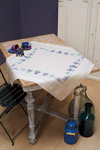 Vervaco Tischdecke Lavendel, Stickbild vorgezeichnet Bedruckte Decke mit Webrand, Baumwolle, Mehrfarbig, 80 x 80 x 0,3 cm von Vervaco