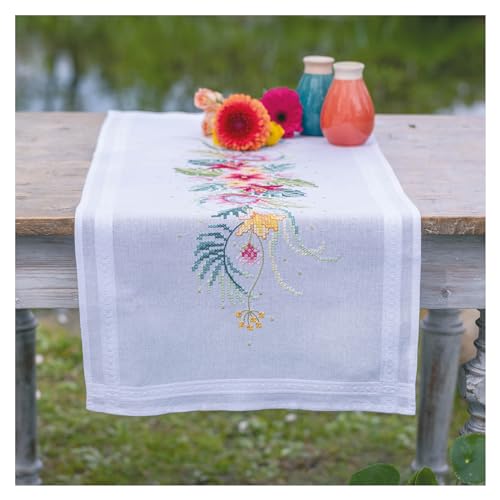 Vervaco Stickpackung Tischläufer Sticken Set Erwachsene Vorgedruckt Tropische Blumen Stickläufer zum Selbersticken Vorgezeichnet Decke Sticken Stickpackung Plattstich 40 x 100 cm Kreatives Geschenk von Vervaco