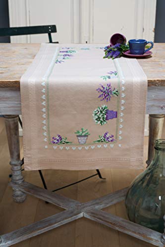 Vervaco Tischläufer Lavendel, Stickbild vorgezeichnet Bedruckte Läufer mit Webrand, Baumwolle, Mehrfarbig, 40 x 100 x 0,3 cm von Vervaco