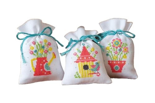 Vervaco Tütchen Gartenmotive Aida 3er Set Kreuzstichpackung, Weiß, 8 x 12 x 0,3 cm von Vervaco