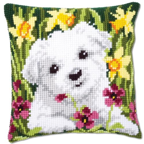 VERVACO Kreuzstich Stickpackungen Kissen Stickerei Set Anfänger Vorgedruckt Westie mit Osterglocken DIY Set Kreativ Set Für Erwachseneca. 40 x 40 cm Bastelset Handwerker Haus Dekoration von Vervaco