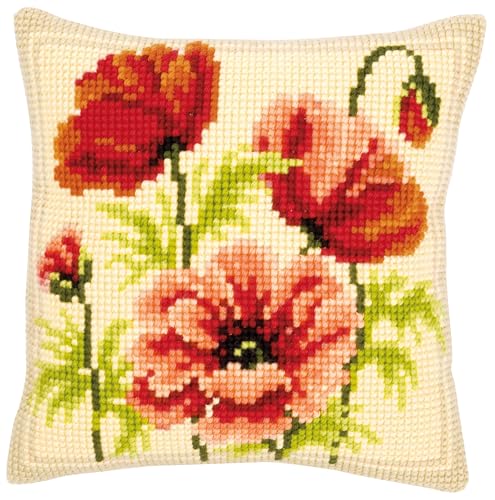 VERVACO Kreuzstich Stickpackungen Kissen Stickerei Set Anfänger Vorgedruckt Wilde Mohnblumen DIY Set Kreativ Set Für Erwachsene Dekoratives Kissen ca. 40 x 40 cm Bastelset Handwerker Haus Dekoration von Vervaco