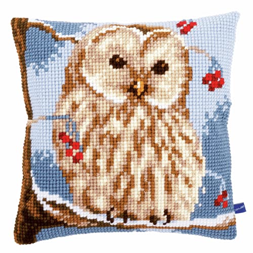 Vervaco Kreuzstich Stickpackungen Kissen Stickerei Set Anfänger Vorgedruckt Wintereule DIY Set Kreativ Set Für Erwachsene Dekoratives Kissen ca. 40 x 40 cm Bastelset Handwerker Haus Dekoration von Vervaco