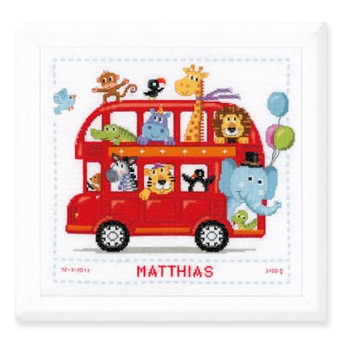 VERVACO Gezählter Kreuzstich Stickpackungen Stickset Baby Geburt Fröhliche Busfahrt Wanddekoration Handarbeit Set für Erwachsene Kreatives Handwerk ca. 28 x 28 cm Geburt Geschenk Hausdeko von Vervaco