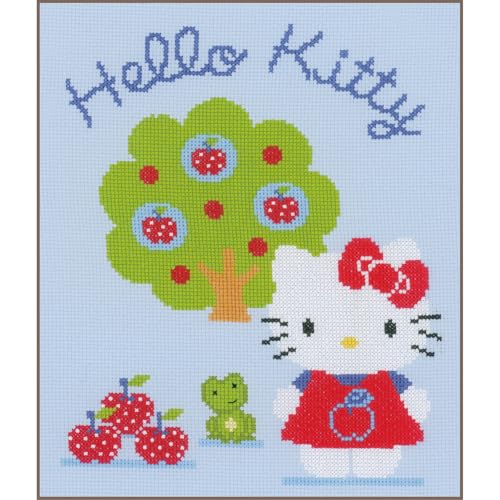 VERVACO Gezählter Kreuzstich Stickpackungen DIY Stickbilder Hello Kitty mit Apfelbaum Wanddekoration Handarbeit Set für Erwachsene Kreatives Handwerk ca. 20 x 25 cm Kreuzstichbilder Set Hausdeko von Vervaco