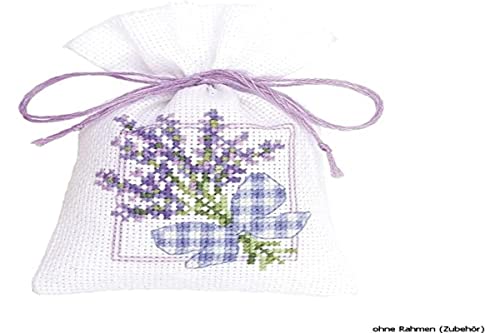Vervaco Zählmuster Lavendel mit Schleife Kräutertütchen-Stickpackung im gezählten Kreuzstich, Baumwolle, Mehrfarbig, 8 x 12 x 0.3 cm von Vervaco