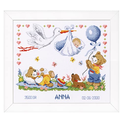 Vervaco Gezählter Kreuzstich Stickpackungen Stickset Baby Geburt Storch Wanddekoration Handarbeit Set für Erwachsene Kreatives Handwerk ca. 28 x 24 cm Geburt Geschenk Hausdeko von Vervaco