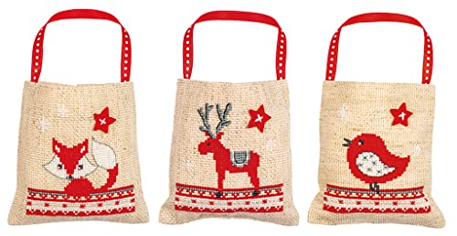 Vervaco Zählmusterpackung Stickset Säckchen Weihnachten Tiere 3er DIY Gezählter Kreuzstich Stickpackungen Basteln Erwachsene Kreativ Set 9 x 9 cm Stickset für Anfänger Stoffbeutel zum Sticken von Vervaco