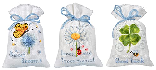 Vervaco Zählmusterpackung Stickset Säckchen Wünsche 3er DIY Gezählter Kreuzstich Stickpackungen Basteln Erwachsene Kreativ Set ca. 8 x 12 cm Stickset für Anfänger Stoffbeutel zum Sticken von Vervaco