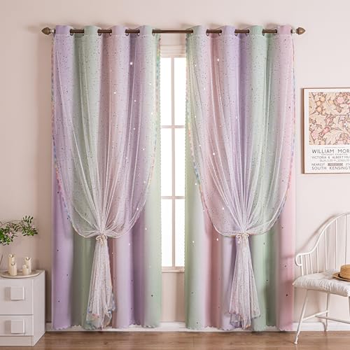 Verycurtain 52x45 2-in-1 Doppellagige Kinder & Mädchen Einhorn Prinzessin Ombre Verdunkelungsvorhänge mit Foliendruck Durchsichtig 2 Paneele Set - Lavendelgrün Rosa von Verycurtain