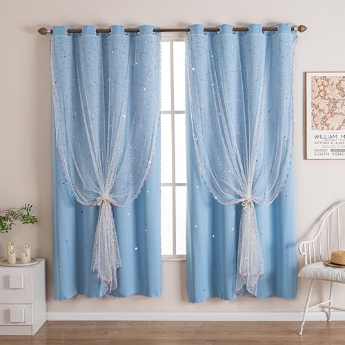 Verycurtain Verdunkelungsvorhänge für Kinder und Mädchen, Regenbogenfarben, doppellagig, Sternausschnitt, mit Foliendruck, transparent, 2 Paneele, 132 x 213 cm, Reinblau von Verycurtain