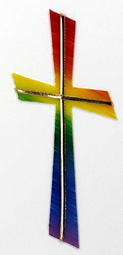 Verziermaterial Wachsmotiv Kreuz regenbogen mit goldfarbigen Wachsstreifen 11 x 5 cm - Wachsornament Kreuz, Wachsdekore für Kerzen - 9684 - zum Kerzen gestalten und basteln. von Verziermaterial