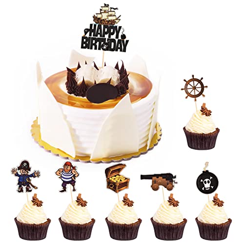 Vesaneae 7 Stück Glitzer Piratenschiff Torten Deko,Piraten Tortendeko,Piraten Kuchen Topper,Pirat Cupcake Topper,Happy Birthday Tortendeko Geburtstag von Vesaneae