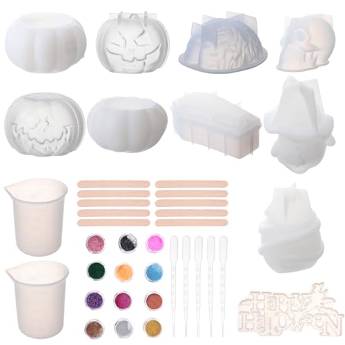Vesici 39-teiliges Halloween-Silikonharz-Formen-Set enthält 10 gruselige Formen mit Kürbis, Totenkopf, Geist, Gehirn, 2 Messbecher, 10 Rührstäbchen, 5 Pipetten, 12 Glitzer-Werkzeuge für selbstgemachte von Vesici