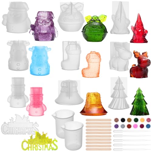 Vesici Weihnachtliches Harzformen-Set enthält 10-teiliges Silikonformen-Set mit Glitzerpulverbechern, Stäbchen, Pipetten, Epoxid-Gussformen für Heimwerker, Weihnachten, Basteln, Ornamente von Vesici