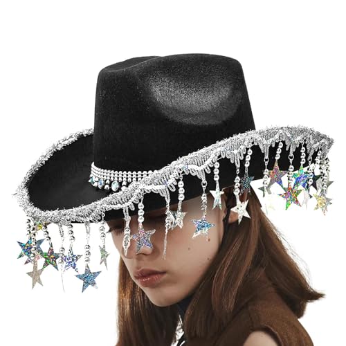 Vesidoloy Bling Cowboyhüte für Frauen – Glitzernder Cowgirl-Hut Party-Kostüme – Sternquasten Kopfbedeckung für Frauen Cosplay Zubehör Halloween Event Vesidoloy Bling Cowboyhüte für Frauen – Glitzernder Cowgirl-Hut Party-Kostüme – Sternquasten Kopfbedeckung für Frauen Cosplay Zubehör Halloween Event von Vesidoloy