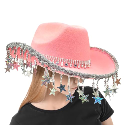 Vesidoloy Funkelnde Cowgirl-Hüte | glitzernder Cowgirl-Hut, Party-Kostüme, Stern-Quasten, Kopfbedeckung für Damen, Cosplay-Zubehör, Halloween-Event von Vesidoloy
