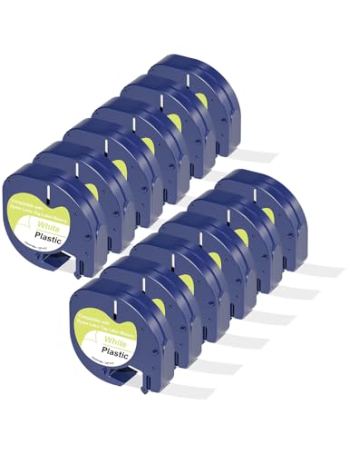 12 x Veson Kompatibel Etiketten für Etikettenband Letratag 12mm x 4m,Kompatible Schriftband als Ersatz für LetraTag Plastic White für LT-100H LT-100T 200B XR XM, Schwarz auf Weiß 91221 von Veson