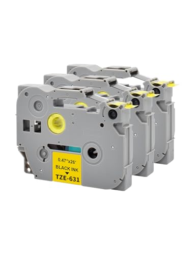 3 x Veson Kompatibel mit TZe-631 tze631 tz-631 tz631 Brother P-Touch Bänder 12mm x 8m Laminiertes Schriftband für PT-1000 1010 1080 PT-H105 PT-E110 PT-P300BT PT-H100LB PT-H100R - Schwarz auf Gelb von Veson